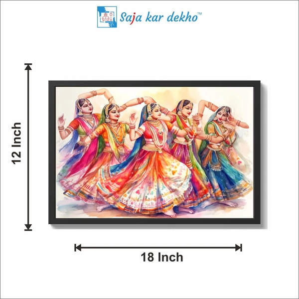 SAJA KAR DEKHO Indian Girls Dancing In Lehenga Choli Woman Lady Painting High Quality Weather Resistant HD Wall Frame  | 18 x 12 inch | - 18 X 12 inch
