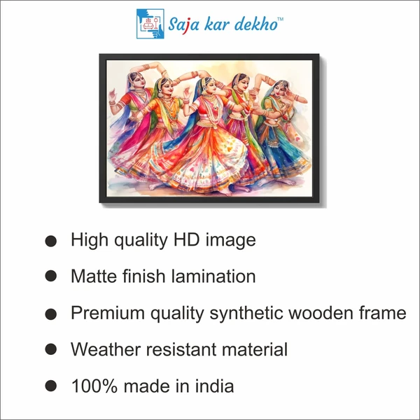 SAJA KAR DEKHO Indian Girls Dancing In Lehenga Choli Woman Lady Painting High Quality Weather Resistant HD Wall Frame  | 18 x 12 inch | - 18 X 12 inch