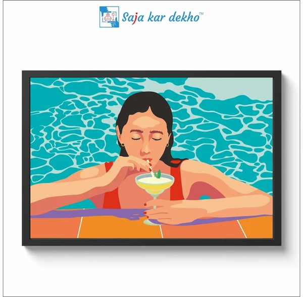 SAJA KAR DEKHO The Girl Sitting Under The Water And Drinking Art Frame High Quality Weather Resistant HD Wall Frame | 18 x 12 inch | - 18 x 12 inch