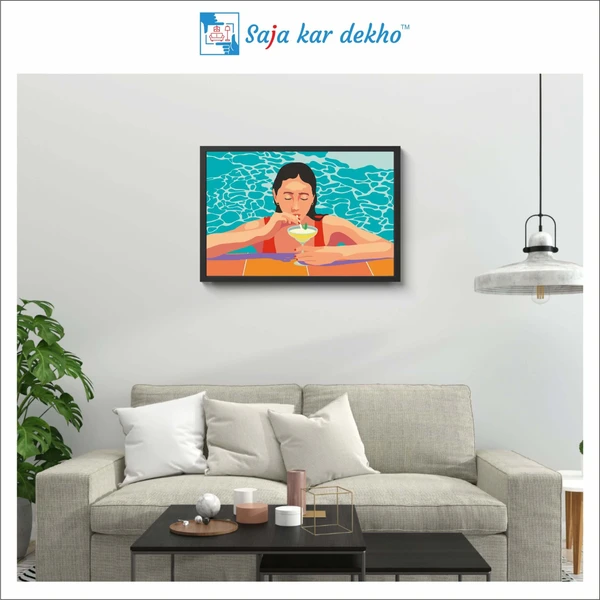 SAJA KAR DEKHO The Girl Sitting Under The Water And Drinking Art Frame High Quality Weather Resistant HD Wall Frame | 18 x 12 inch | - 18 x 12 inch