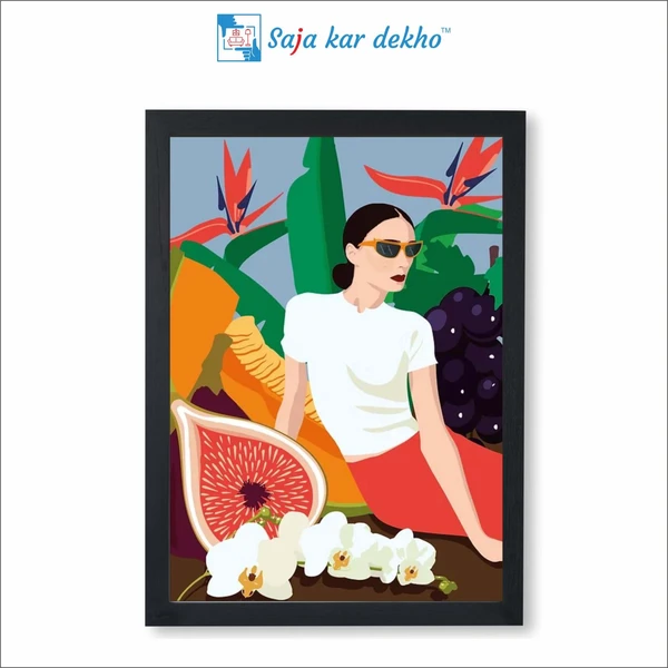 SAJA KAR DEKHO The Girl Seat Fruit Garden High Quality Weather Resistant HD Wall Frame | 18 x 12 inch | - 18 X 12 inch