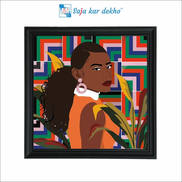 SAJA KAR DEKHO The Grown Girl With Green, Orange, Blue And Pink Line Background Art High Quality Weather Resistant HD Wall Frame | 20 x 20 inch | - 20 X 20 inch