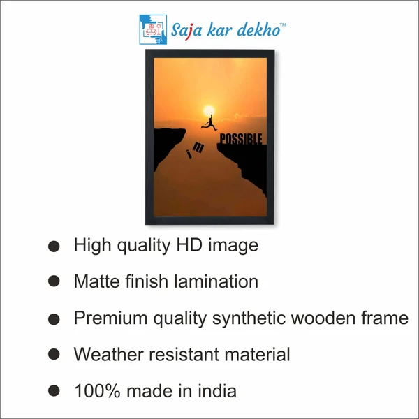 SAJA KAR DEKHO Mindset Concept, Silhouette Man Jumping Over Impossible And Possible Wording On Cliff With Cloud Sky And Sunlight Art High Quality Weather Resistant HD Wall Frame | 18 x 12 inch | - 18 X 12 inch