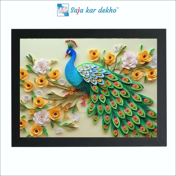 SAJA KAR DEKHO Beautiful Peacock With White And Yellow Flower High Quality Weather Resistant HD Wall Frame | 18 x 12 inch | - 18 X 12 INCH
