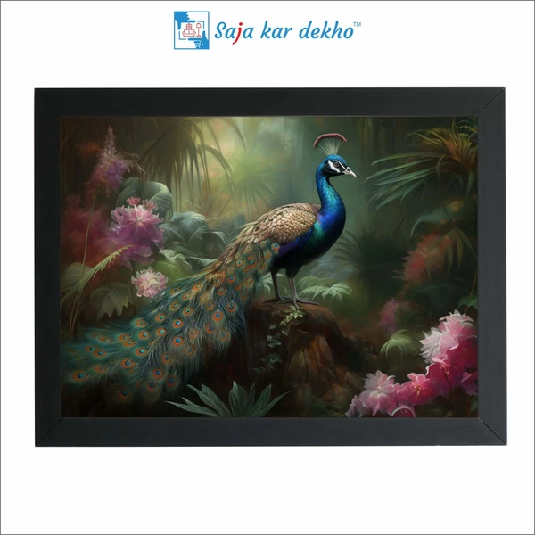 SAJA KAR DEKHO Beautiful Peacock With Green Nature And Pink Flowers High Quality Weather Resistant HD Wall Frame | 18 x 12 inch | - 18 X 12 inch