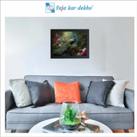 SAJA KAR DEKHO Beautiful Peacock With Green Nature And Pink Flowers High Quality Weather Resistant HD Wall Frame | 18 x 12 inch | - 18 X 12 inch