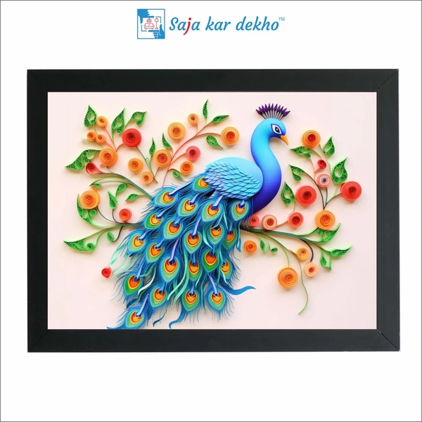 SAJA KAR DEKHO Beautiful Peacock With Flower And Leaves High Quality Weather Resistant HD Wall Frame | 18 x 12 inch | - 18 X 12 inch
