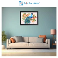 SAJA KAR DEKHO Beautiful Peacock With Flower And Leaves High Quality Weather Resistant HD Wall Frame | 18 x 12 inch | - 18 X 12 inch