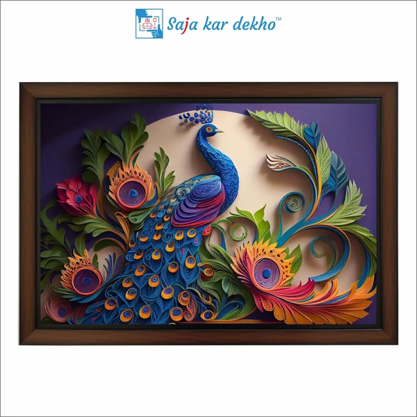 SAJA KAR DEKHO Beautiful Peacock With The Beautiful Multi Colour Leaves High Quality Weather Resistant HD Wall Frame | 18 x 12 inch | - 18 X 12 inch