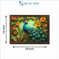 SAJA KAR DEKHO Beautiful Peacock With The Leaves And Orange Flowers High Quality Weather Resistant HD Wall Frame | 18 x 12 inch | - 18 X 12 inch