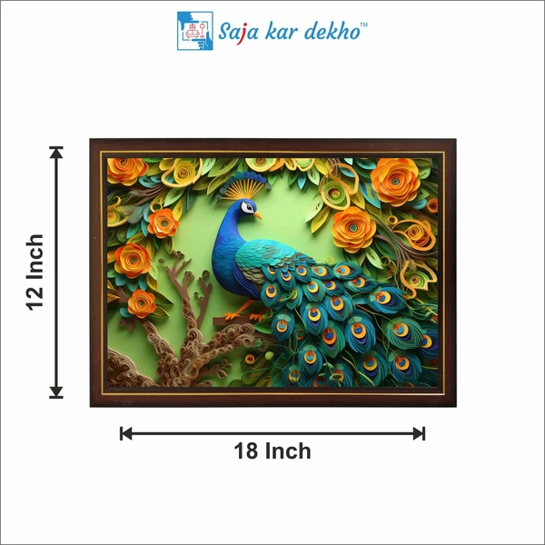 SAJA KAR DEKHO Beautiful Peacock With The Leaves And Orange Flowers High Quality Weather Resistant HD Wall Frame | 18 x 12 inch | - 18 X 12 inch