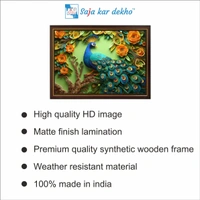 SAJA KAR DEKHO Beautiful Peacock With The Leaves And Orange Flowers High Quality Weather Resistant HD Wall Frame | 18 x 12 inch | - 18 X 12 inch