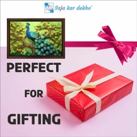 SAJA KAR DEKHO Beautiful Peacock Green Background And Tree With Yellow Flowers High Quality Weather Resistant HD Wall Frame | 18 x 12 inch | - 18 X 12 inch