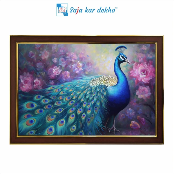 SAJA KAR DEKHO Peacock With Beautiful Pink Flowers Background High Quality Weather Resistant HD Wall Frame | 18 x 12 inch | - 18 X 12 inch