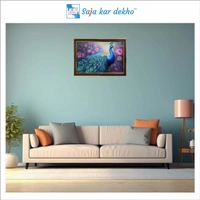 SAJA KAR DEKHO Peacock With Beautiful Pink Flowers Background High Quality Weather Resistant HD Wall Frame | 18 x 12 inch | - 18 X 12 inch