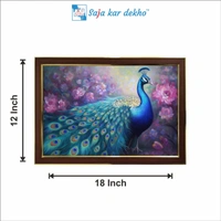 SAJA KAR DEKHO Peacock With Beautiful Pink Flowers Background High Quality Weather Resistant HD Wall Frame | 18 x 12 inch | - 18 X 12 inch