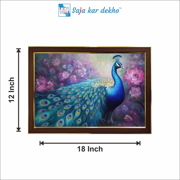 SAJA KAR DEKHO Peacock With Beautiful Pink Flowers Background High Quality Weather Resistant HD Wall Frame | 18 x 12 inch | - 18 X 12 inch