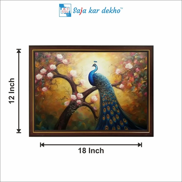 SAJA KAR DEKHO A Peacock Sits On A Tree With Beautiful Flowers High Quality Weather Resistant HD Wall Frame | 18 x 12 inch | - 18 X 12 inch