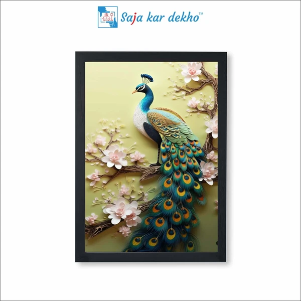 SAJA KAR DEKHO A Peacock Sits On a Branch With Flowers On It High Quality Weather Resistant HD Wall Frame | 18 x 12 inch | - 18 X 12 inch