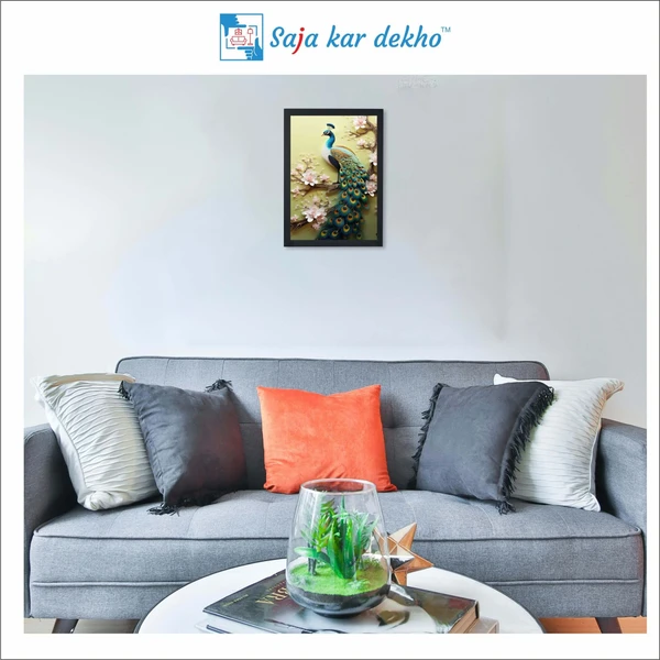 SAJA KAR DEKHO A Peacock Sits On a Branch With Flowers On It High Quality Weather Resistant HD Wall Frame | 18 x 12 inch | - 18 X 12 inch