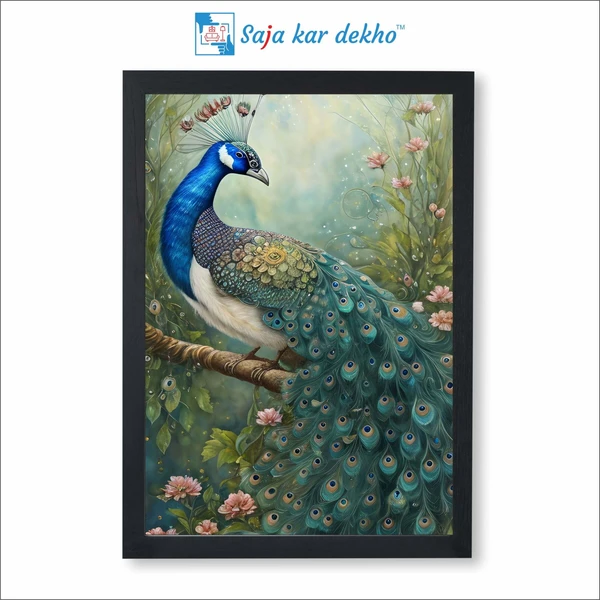 SAJA KAR DEKHO Beautiful Peacock And More Beautiful Background High Quality Weather Resistant HD Wall Frame | 18 x 12 inch | - 18 X 12 inch
