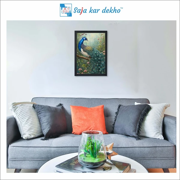 SAJA KAR DEKHO Beautiful Peacock And More Beautiful Background High Quality Weather Resistant HD Wall Frame | 18 x 12 inch | - 18 X 12 inch