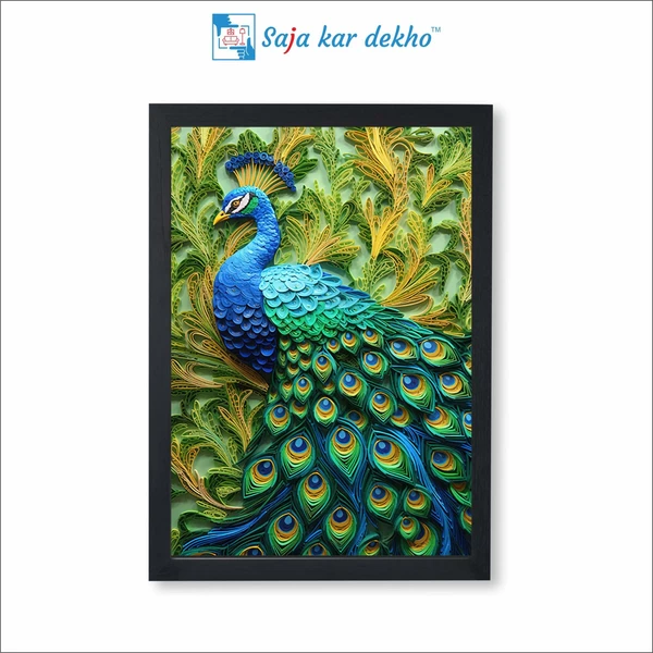 SAJA KAR DEKHO Beautiful Peacock With Green And Yellow Leaves Background High Quality Weather Resistant HD Wall Frame | 18 x 12 inch | - 18 X 12 inch