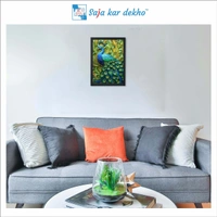 SAJA KAR DEKHO Beautiful Peacock With Green And Yellow Leaves Background High Quality Weather Resistant HD Wall Frame | 18 x 12 inch | - 18 X 12 inch