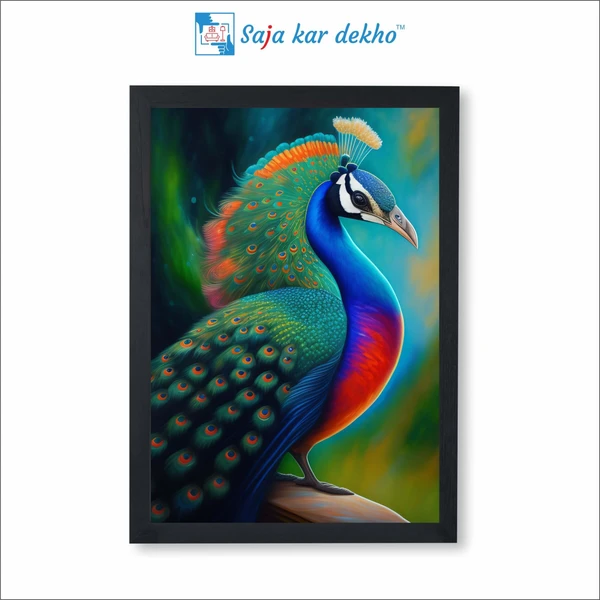 SAJA KAR DEKHO Beautiful Peacock With Colorful Background High Quality Weather Resistant HD Wall Frame | 18 x 12 inch | - 18 X 12 inch