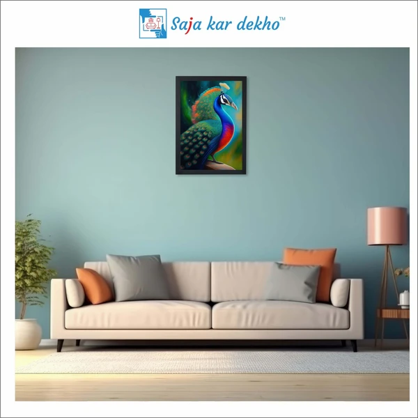 SAJA KAR DEKHO Beautiful Peacock With Colorful Background High Quality Weather Resistant HD Wall Frame | 18 x 12 inch | - 18 X 12 inch