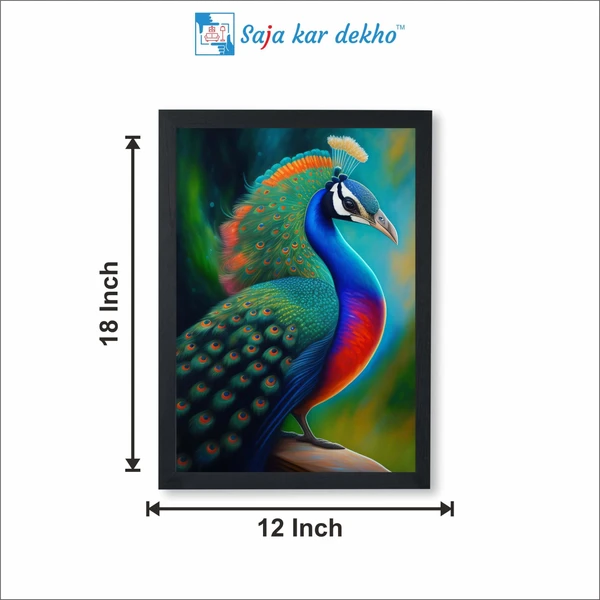 SAJA KAR DEKHO Beautiful Peacock With Colorful Background High Quality Weather Resistant HD Wall Frame | 18 x 12 inch | - 18 X 12 inch