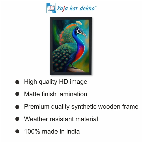 SAJA KAR DEKHO Beautiful Peacock With Colorful Background High Quality Weather Resistant HD Wall Frame | 18 x 12 inch | - 18 X 12 inch