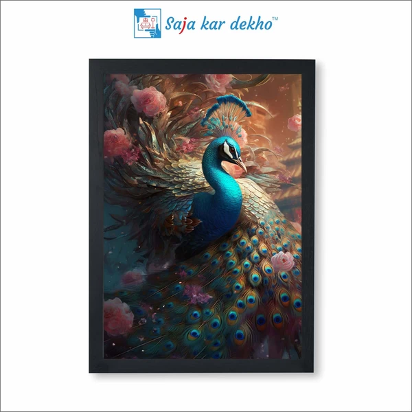 SAJA KAR DEKHO Peacock With Beautiful Background High Quality Weather Resistant HD Wall Frame | 18 x 12 inch | - 18 X 12 inch