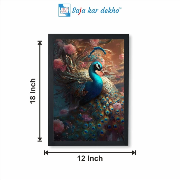 SAJA KAR DEKHO Peacock With Beautiful Background High Quality Weather Resistant HD Wall Frame | 18 x 12 inch | - 18 X 12 inch