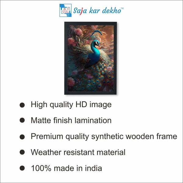 SAJA KAR DEKHO Peacock With Beautiful Background High Quality Weather Resistant HD Wall Frame | 18 x 12 inch | - 18 X 12 inch