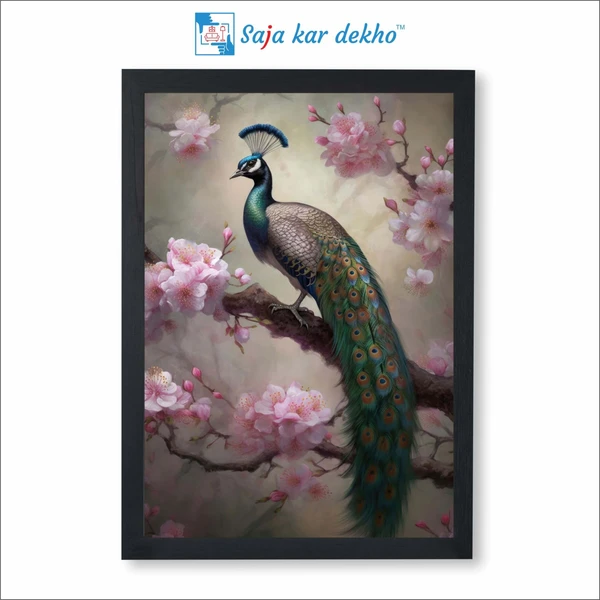 SAJA KAR DEKHO A Peacock On A Branch With Pink Flowers Beautifully High Quality Weather Resistant HD Wall Frame | 18 x 12 inch | - 18 X 12 inch