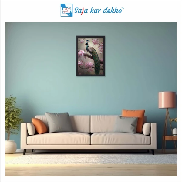 SAJA KAR DEKHO A Peacock On A Branch With Pink Flowers Beautifully High Quality Weather Resistant HD Wall Frame | 18 x 12 inch | - 18 X 12 inch