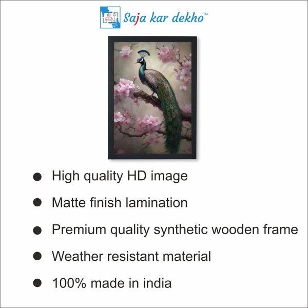 SAJA KAR DEKHO A Peacock On A Branch With Pink Flowers Beautifully High Quality Weather Resistant HD Wall Frame | 18 x 12 inch | - 18 X 12 inch