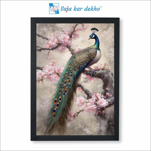 SAJA KAR DEKHO A Peacock On Tree With Pink Flowers High Quality Weather Resistant HD Wall Frame | 18 x 12 inch | - 18 X 12 inch