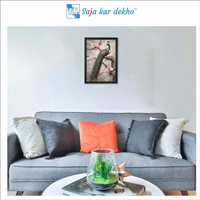 SAJA KAR DEKHO A Peacock On Tree With Pink Flowers High Quality Weather Resistant HD Wall Frame | 18 x 12 inch | - 18 X 12 inch