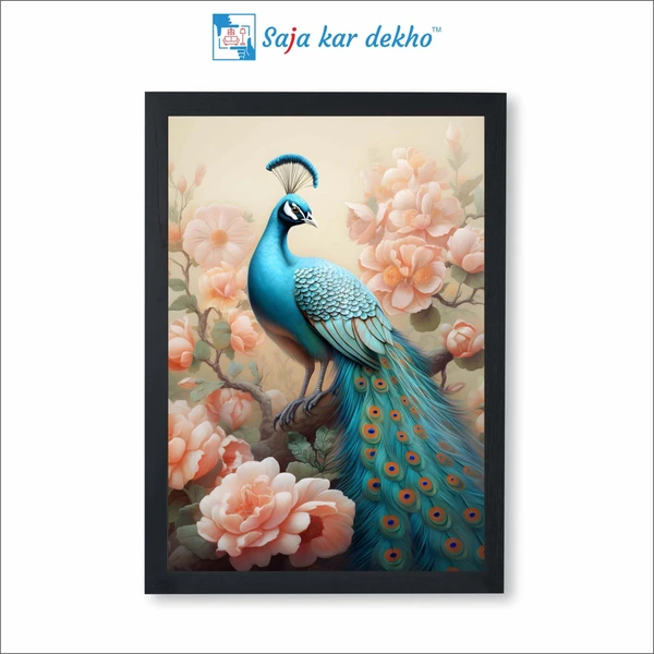 SAJA KAR DEKHO Beautiful Peacock With Flowers High Quality Weather Resistant HD Wall Frame | 18 x 12 inch | - 18 X 12 inch