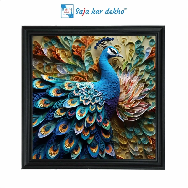 SAJA KAR DEKHO "•	Beautiful Peacock with 3D Look Background High Quality Weather Resistant HD Wall Frame | 20 x 20 inch |" - 20 X 20 inch