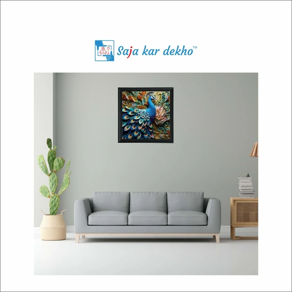 SAJA KAR DEKHO "•	Beautiful Peacock with 3D Look Background High Quality Weather Resistant HD Wall Frame | 20 x 20 inch |" - 20 X 20 inch