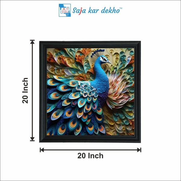 SAJA KAR DEKHO "•	Beautiful Peacock with 3D Look Background High Quality Weather Resistant HD Wall Frame | 20 x 20 inch |" - 20 X 20 inch