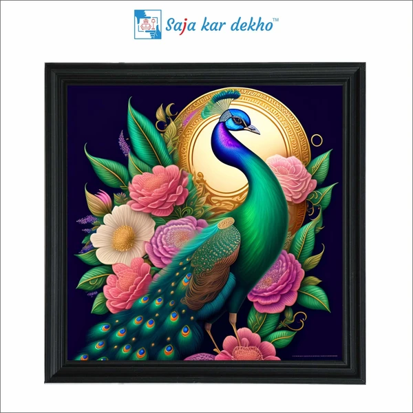 SAJA KAR DEKHO Peacock With Flowers And A Moon In The Background High Quality Weather Resistant HD Wall Frame | 20 x 20 inch | - 20 X 20 inch