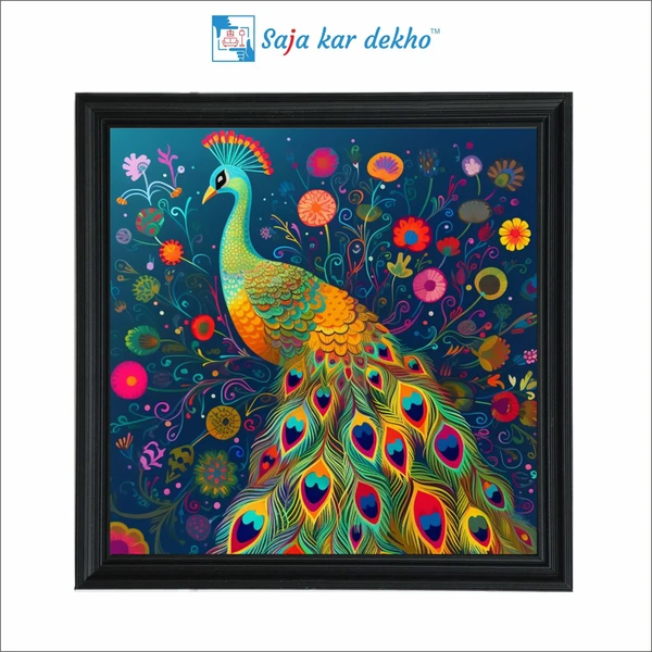 SAJA KAR DEKHO Peacock With Colorful Flowers High Quality Weather Resistant HD Wall Frame | 20 x 20 inch | - 20 X 20 inch