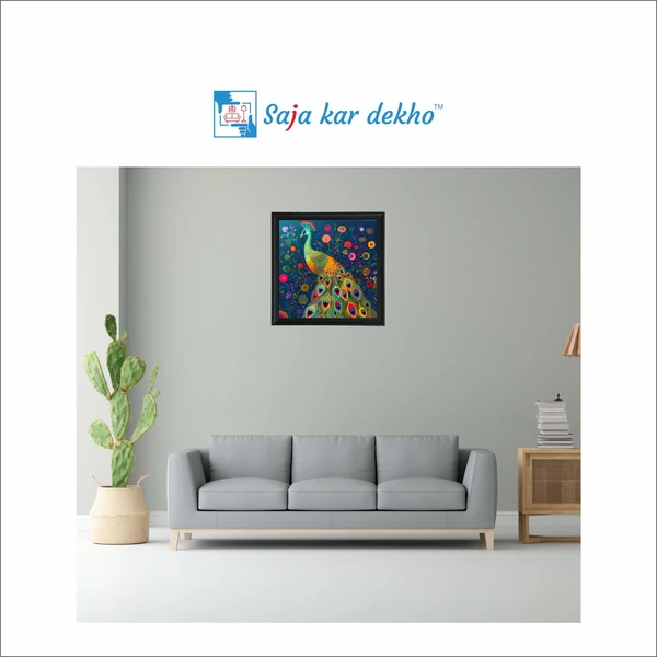 SAJA KAR DEKHO Peacock With Colorful Flowers High Quality Weather Resistant HD Wall Frame | 20 x 20 inch | - 20 X 20 inch