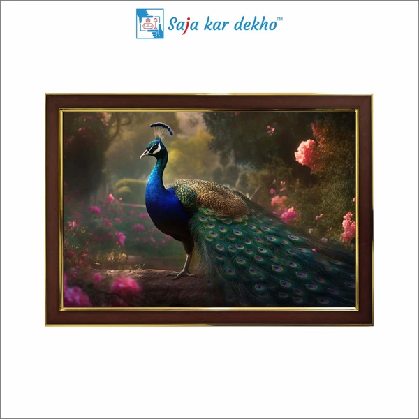 SAJA KAR DEKHO Peacock In Garden High Quality Weather Resistant HD Wall Frame | 18 x 12 inch | - 18 X 12 inch