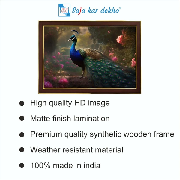 SAJA KAR DEKHO Peacock In Garden High Quality Weather Resistant HD Wall Frame | 18 x 12 inch | - 18 X 12 inch