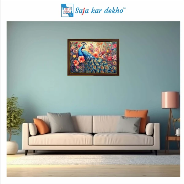 SAJA KAR DEKHO Beautiful Peacock With Multi color Flowers High Quality Weather Resistant HD Wall Frame | 18 x 12 inch | - 18 X 12 inch